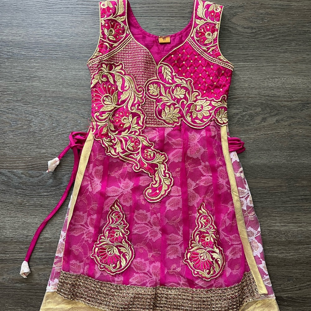 Traditional Children’s Indian Vibrant Pink and Gold Embroidered Dress